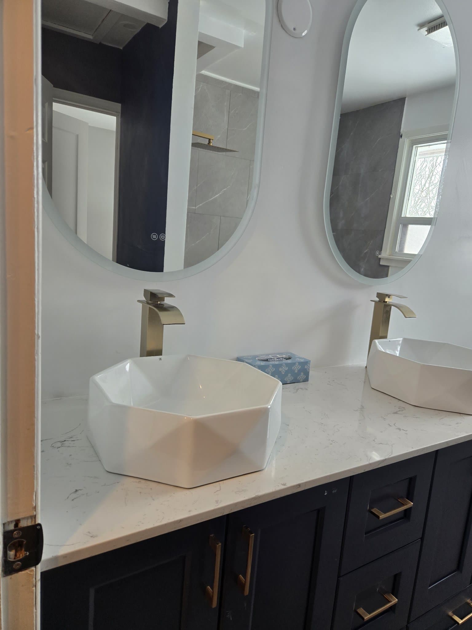 Double vessel sink vanity with brass fixtures, bathroom reno Barrie