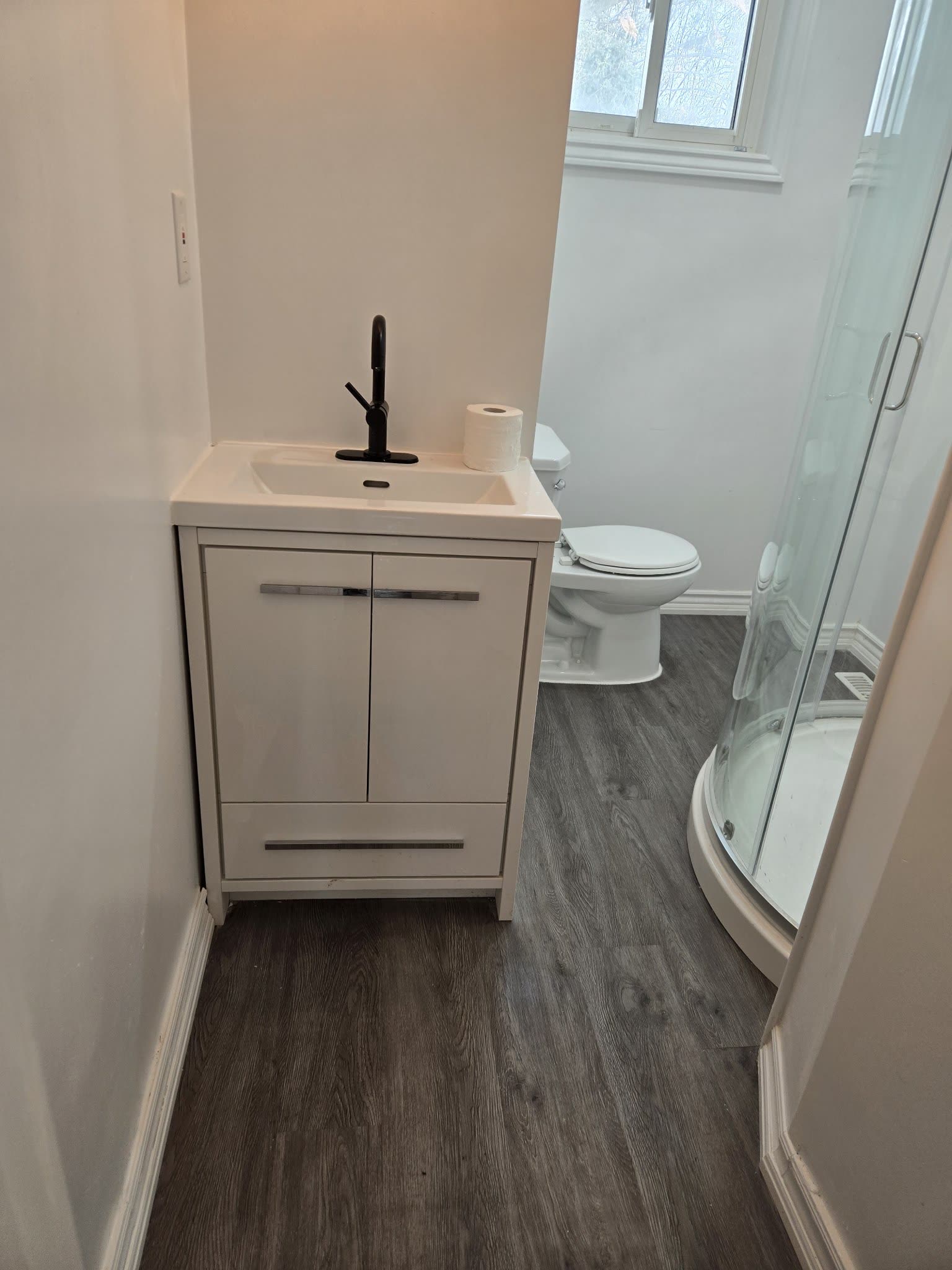 Bathroom renovation in Simcoe County with modern vanity and walk-in shower