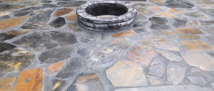 Flagstone patio with stone fire pit, Barrie Ontario