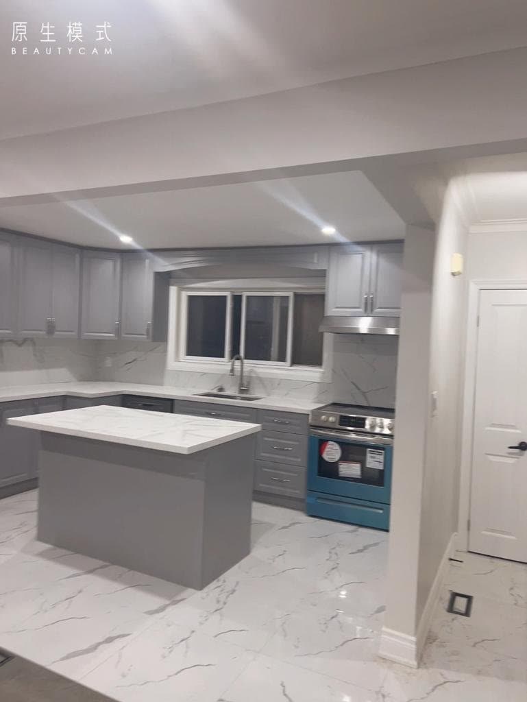Kitchen with grey cabinets and marble tile floor, Barrie Ontario