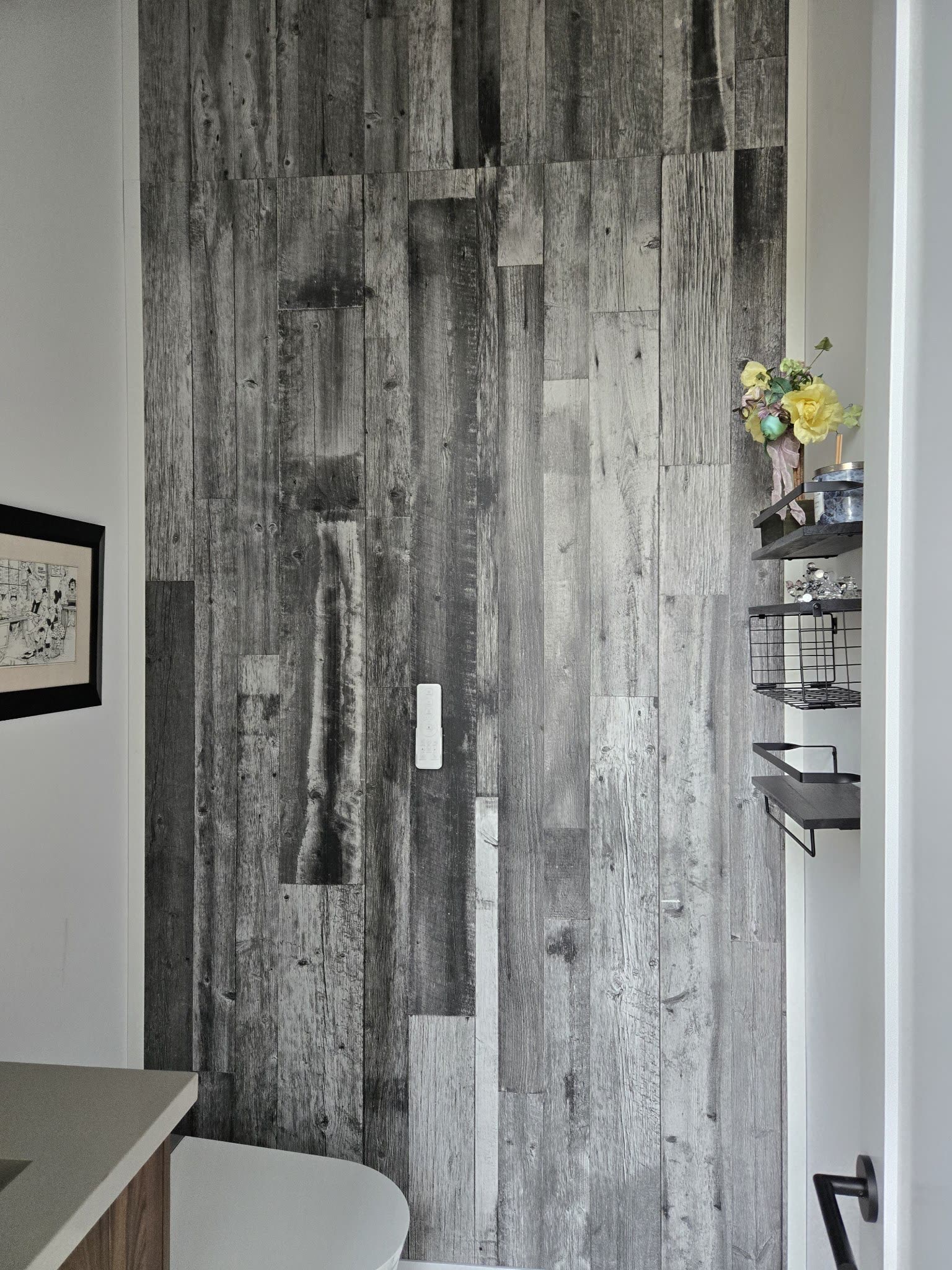 Wood accent wall in bathroom renovation, Barrie