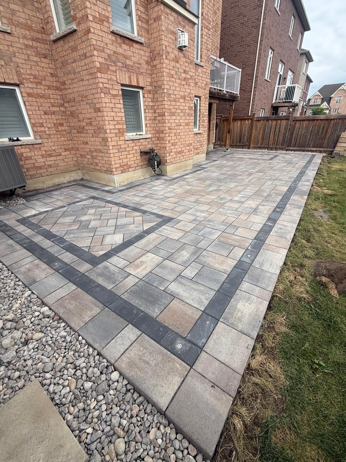 Interlocking patio with diamond inlay pattern, Innisfil Ontario