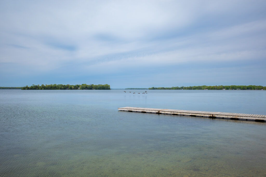 Wooden dock on Lake Couchiching in Orillia, Ontario