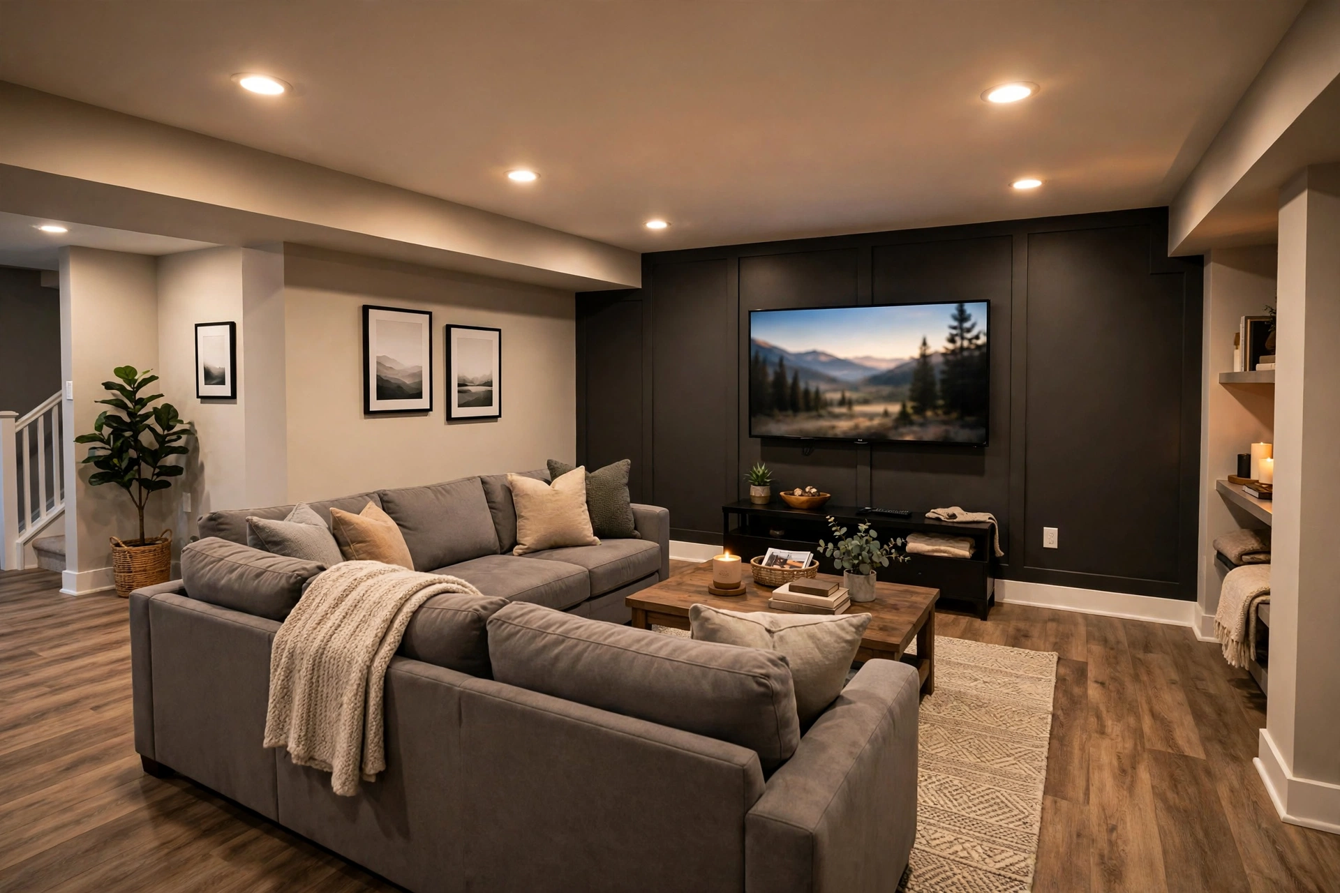 Finished basement family room renovation in Barrie
