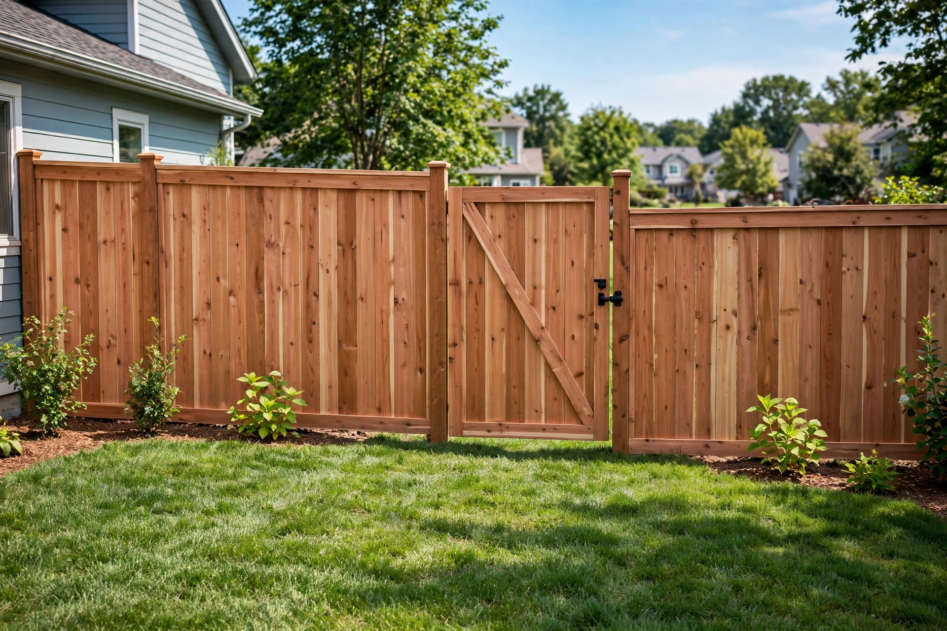 Cedar privacy fence with gate installation in Barrie