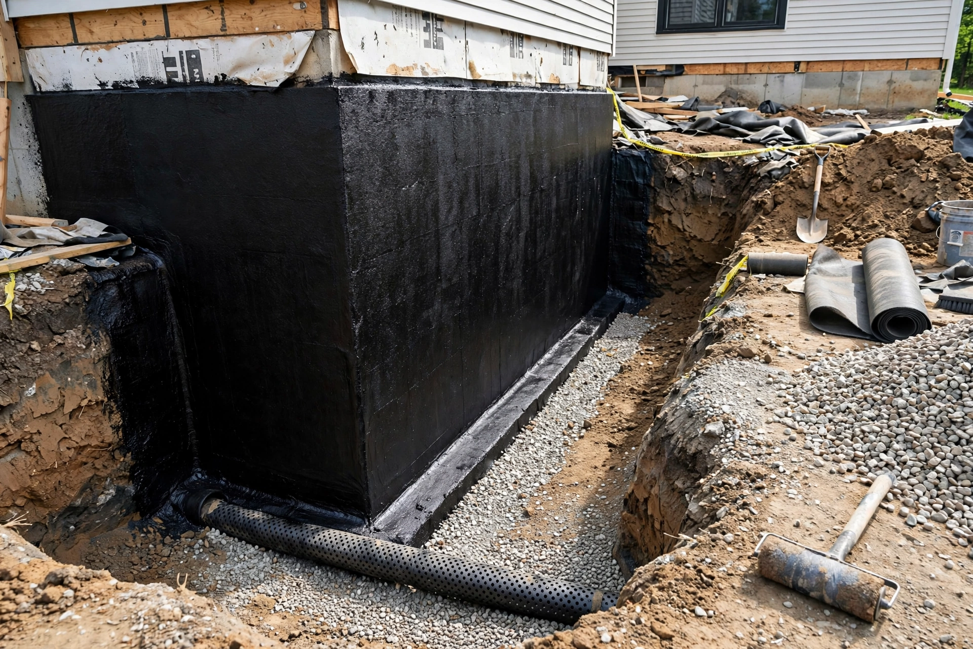 Exterior foundation waterproofing membrane in Barrie