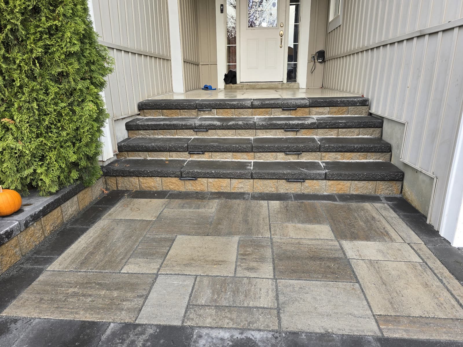Stone entrance steps with lighting and interlocking patio, Barrie Ontario